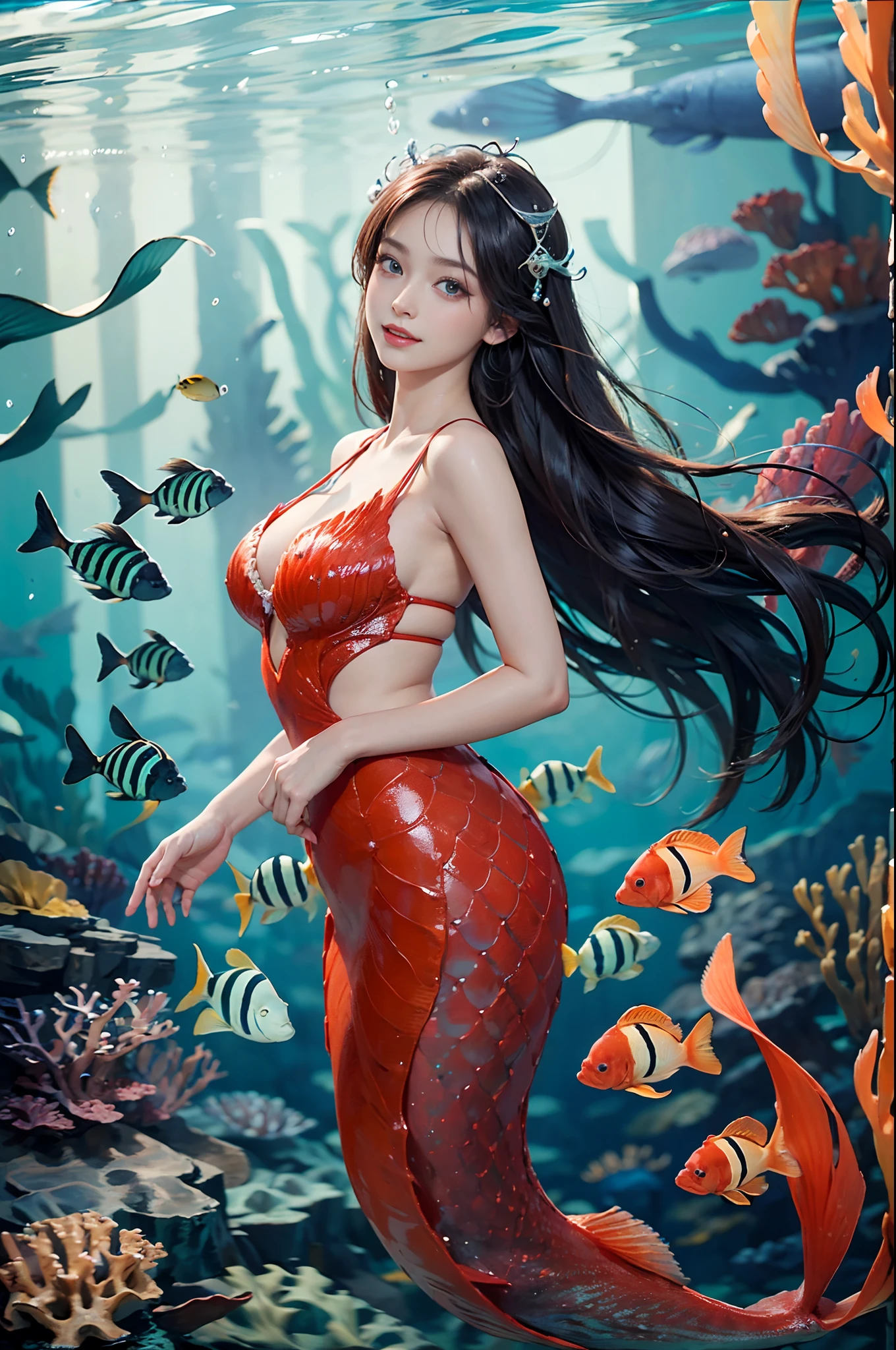 (Under the sea:1.6),The sea shining in the morning sun , (mermaid: 1.2), Glowing scales,Medium Hair, Braids, Dark blue eyes, 1 girl, 20 years old,grin,large full breasts,A slender,(Very beautiful coral:1.2), (Colorful tropical fish:1.4),(Realistic), (Intricate details: 1.2), (masutepiece: 1.3), (Best Quality: 1.4), (超A high resolution: 1.2), 超A high resolution, (Detailed eyes), (detailed facial features), nffsw, 8K resolution, (lens glare: 0.7), beautiful foot,beautifull hands,Look at viewers,dynamicposes,low angles,turned around