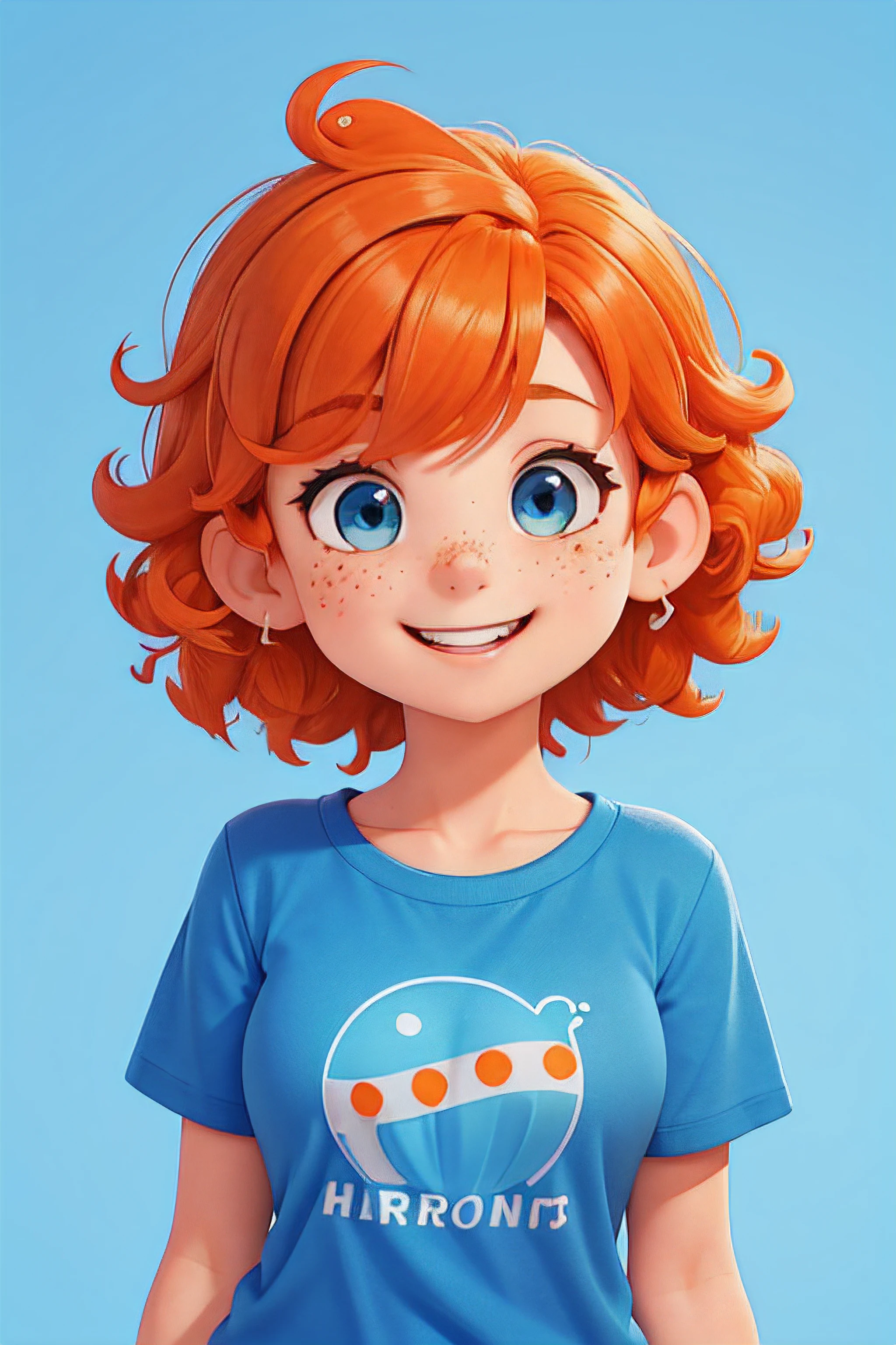 1adult woman, (adult teen), solo, cheerful smile, looking at viewer, blue shirt, blue clean background, upper body, (Curly-haired girl joyfully), (orange hair), blurry, (short hair), freckles, bangs, teeth, parted lips, blue eyes, orange hair, short t-shirt