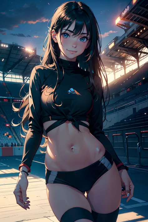 ​masterpiece, top-quality, Detailed details, Detailed landscapes, beatiful lights, Beautiful Shadows, Female sexy, 18year old,((innocent smiles)),Black eyes,eye liner,((tied up long hair)),(Running Wear), Navel Ejection,Stadium,blue-sky,((super low angle))...