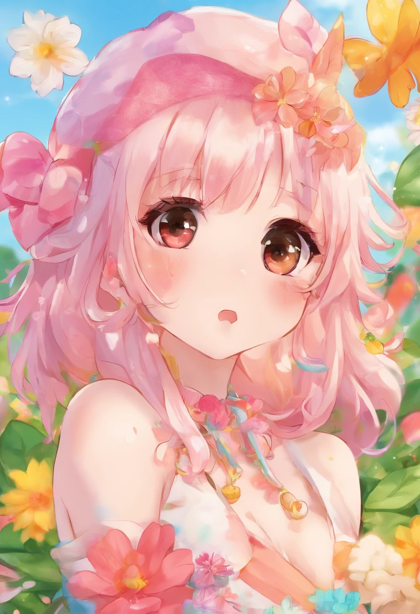 A close up of a girl with pink hair and flowers in her hair - SeaArt AI