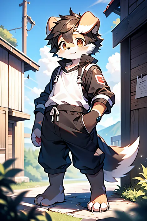 Furry Bernese mountain dog, forelimbs, legs, standing Shota young boy, overall yellow head, Arms, Body and legs，White-brown pattern all over，pink flesh pads, eyes and pupils blue, Furry, No clothing, Two ears