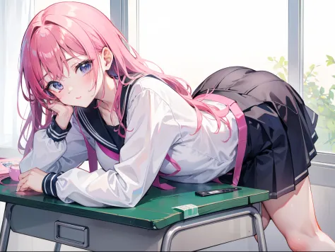 teens girl、校服、Lying on the desk、stick your butt out