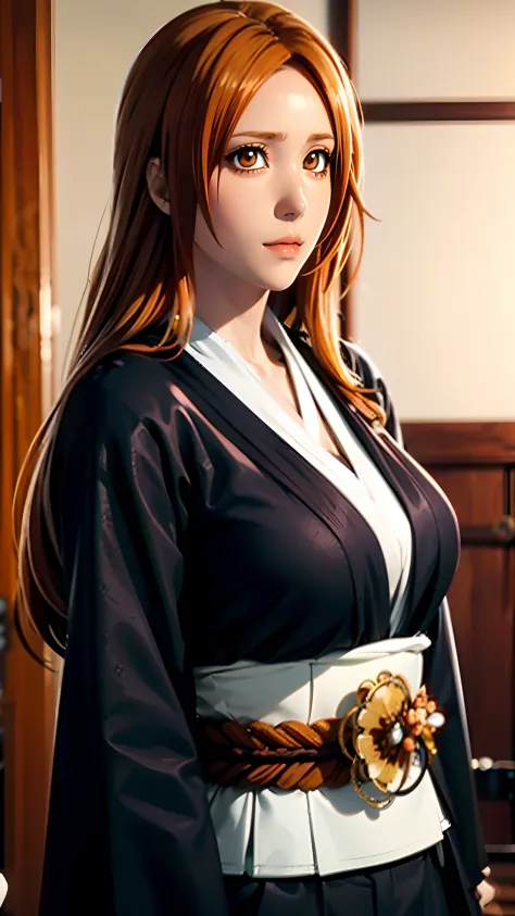 （（（orihime，orihime,orihime,inoueorihime, by bangs，long hair， orange hair, (brown eyes:1.5),light and shadow interlace，with brown...