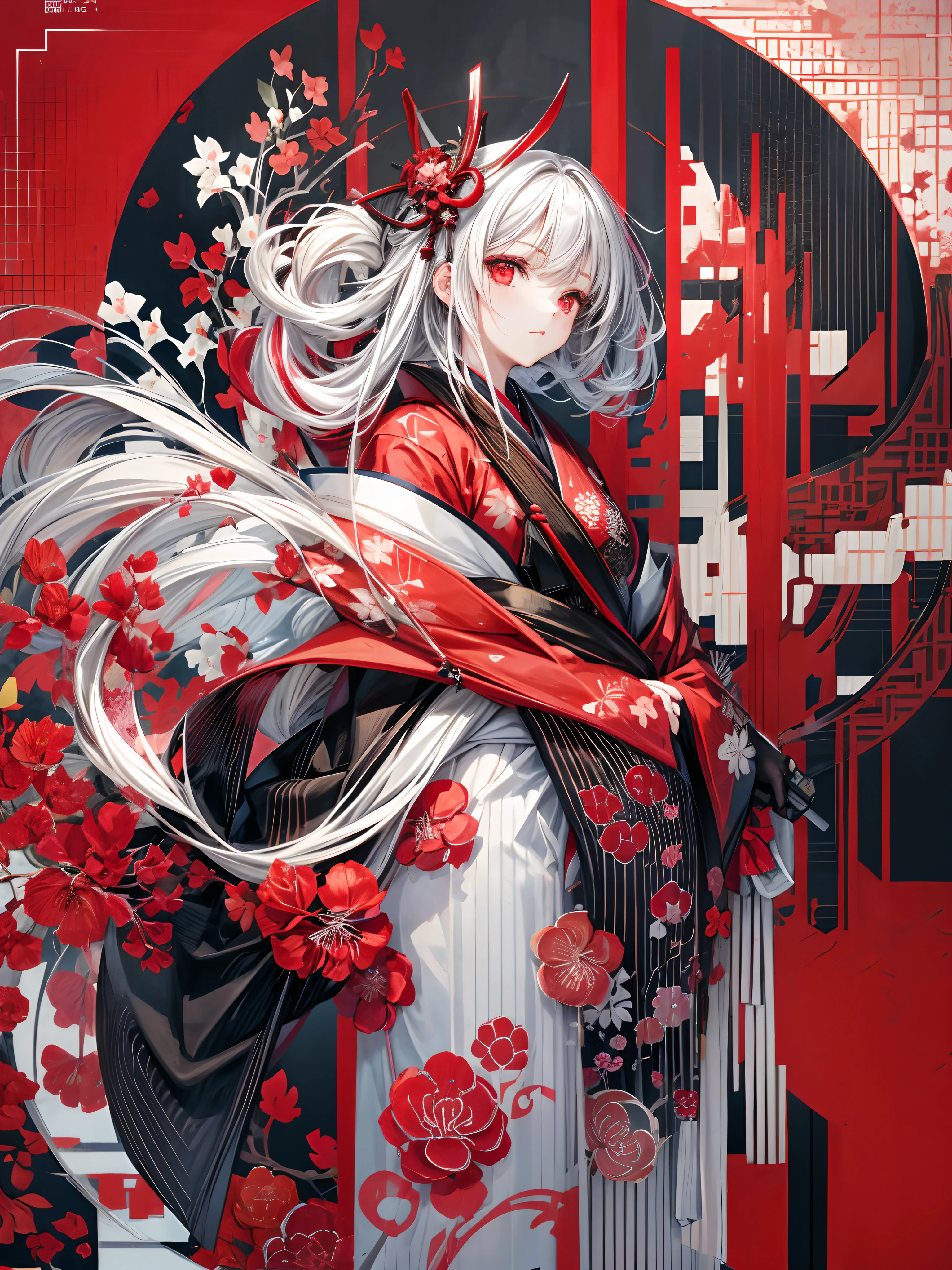 Fille en kimono debout avec une épée japonaise, cheveux blancs mi-longs, les yeux rouges, lèvres rouges, kimono avec motif d&#39;amaryllis en grappe rouge sur fond noir, motif splash rouge sur fond noir, Très haute qualité, Détails ultra fins, motif kimono super fin