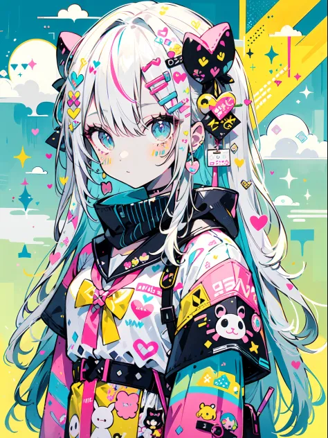 "kawaii, Cute, Adorable girl in pink, yellow, and baby blue color scheme. She wears sky-themed clothing with clouds and sky moti...