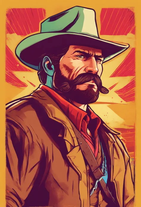 Red Dead Redemption 2 illustration style，Sheriff Curtis Malloy，Wear a Nevada hat,Khaki coat，Blue vest and white shirt,Nothing but a mustache,shaven face,sheriff badge, masterpiece, artwork, key art