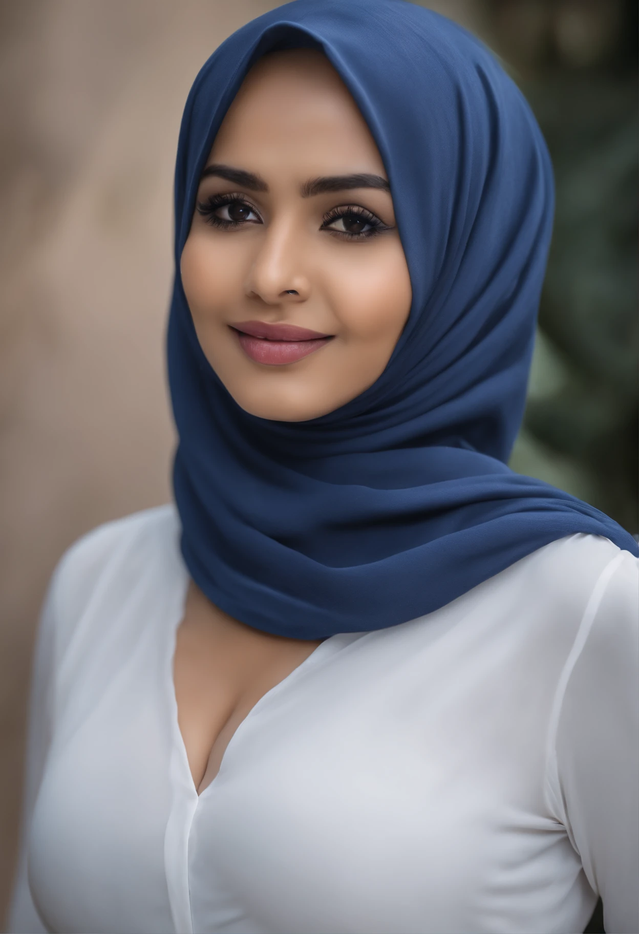 A woman wearing a blue hijab and a white shirt - SeaArt AI