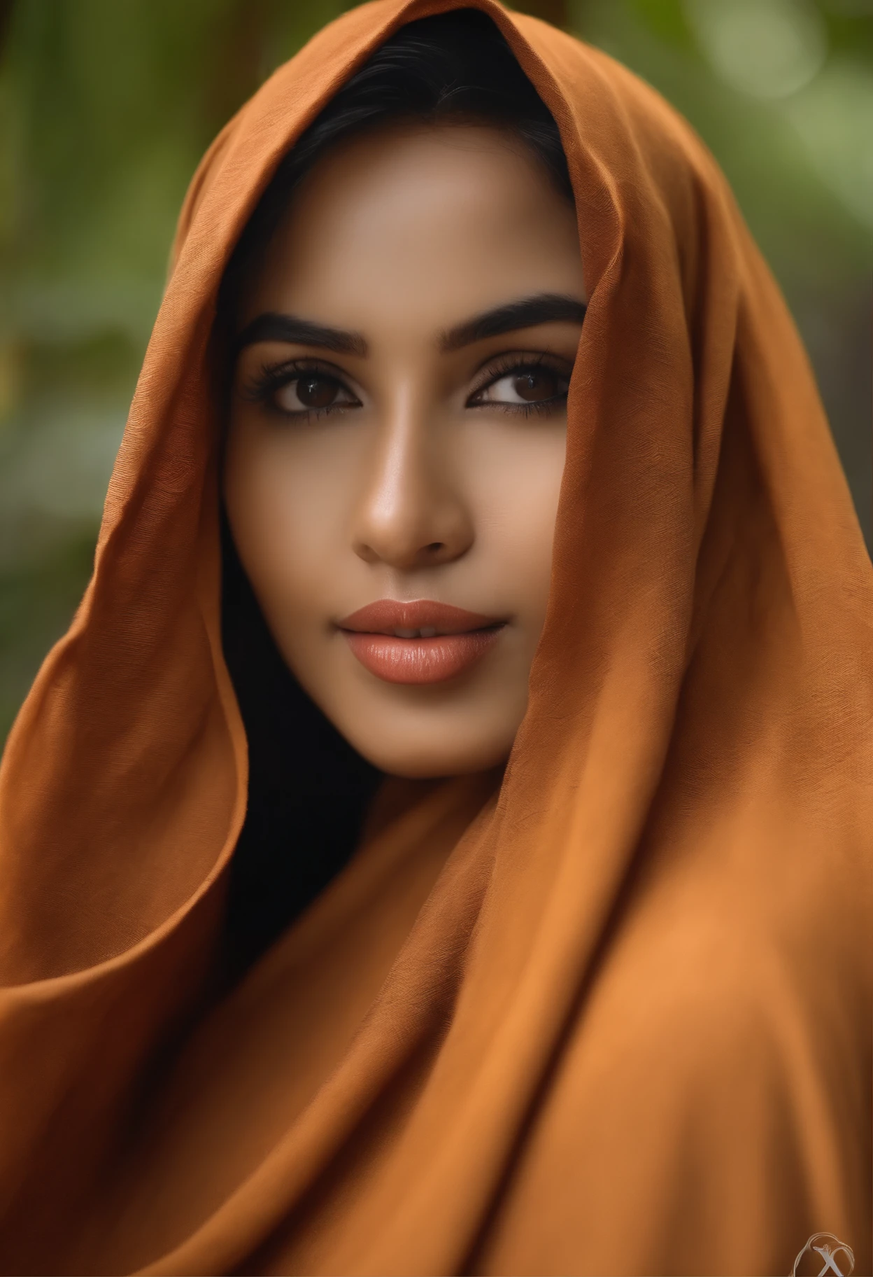 A woman wearing a brown scarf and a black top - SeaArt AI