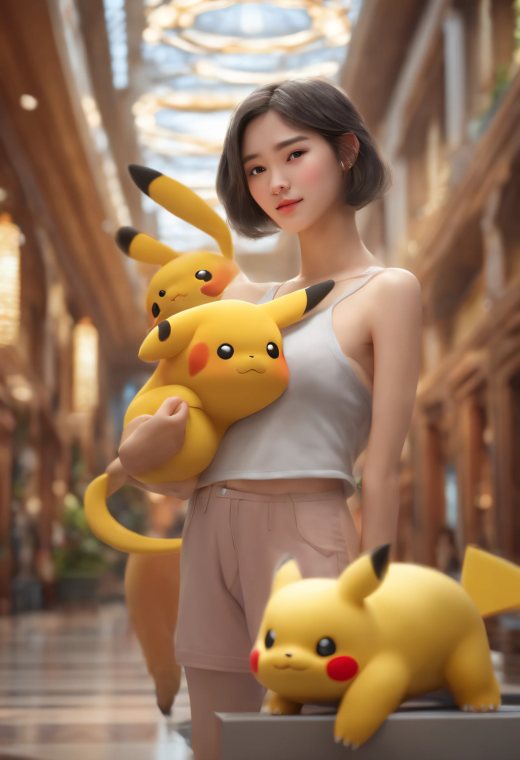 Realistic rendering of an adorable pretty female pikachu wearing a