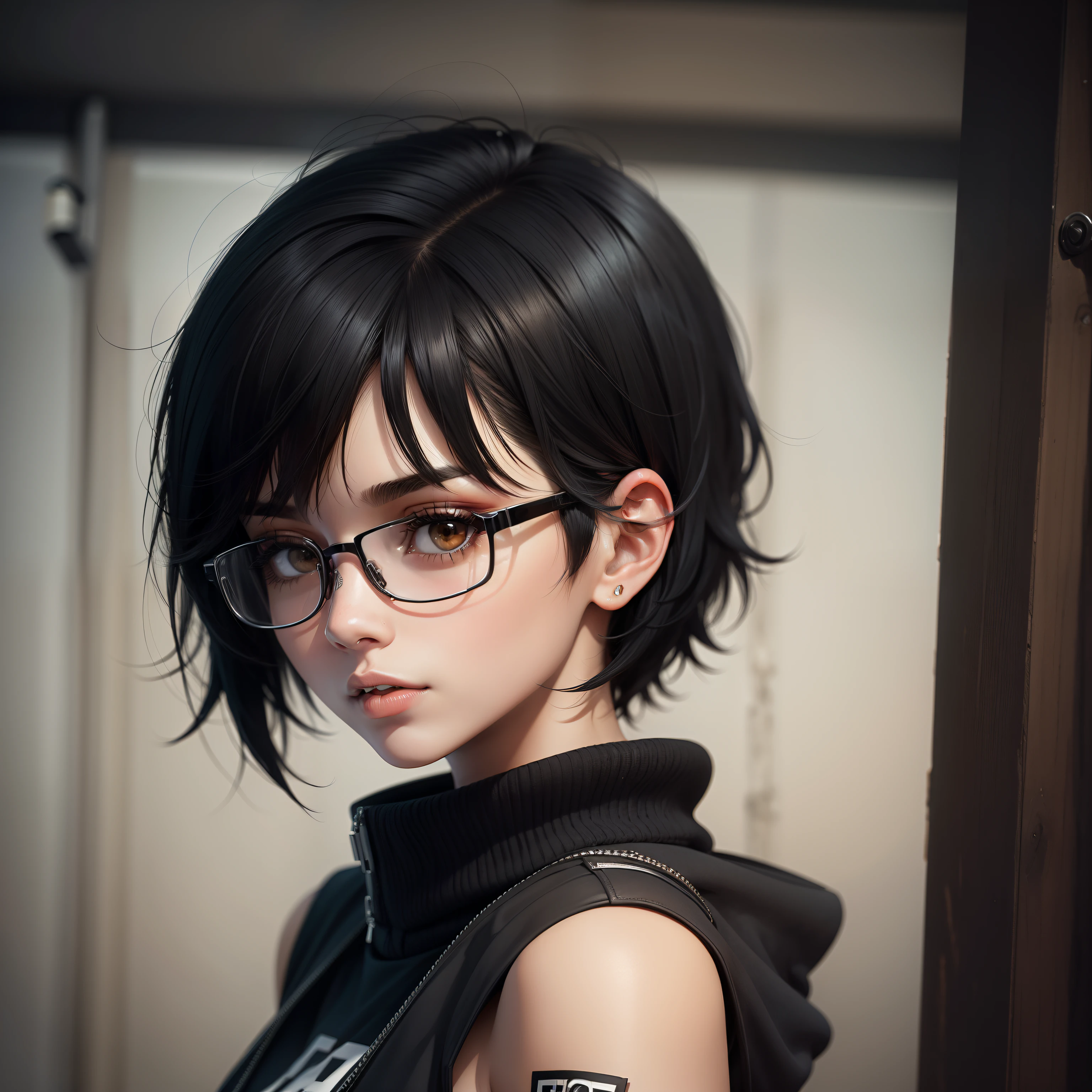 A close up of a person with glasses and a black top - SeaArt AI