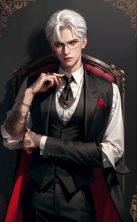 (Masterpiece,Best quality,Supergianthugebreasts_Detailed,A high resolution,absurderes),1boys, Male focus, tattoo, Solo, White hair,chain, shirt, black necktie, tiese, Simple background, Yellow eyes, Upper body, vest, Short hair, view the viewer, parted lip...