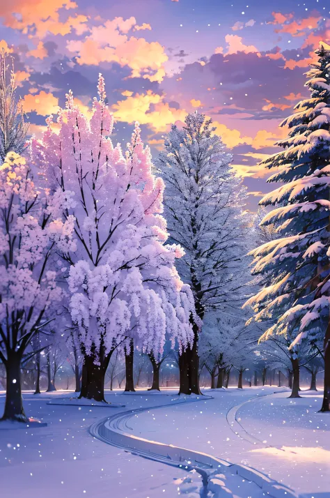 Beautiful natural landscape of city park in winter with fluffy deciduous trees covered with hoarfrost and snow caps at sunset in lilac and pink tones