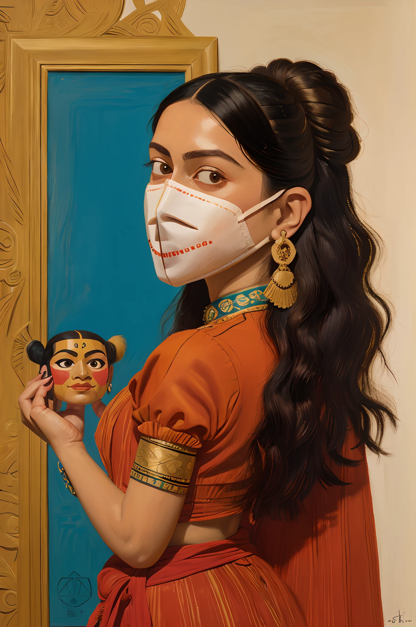 Gemälde einer Frau, die eine Maske und eine Maske in der Hand hält, inspiriert von Gustave Boulanger, inspiriert von I Ketut Soki, Kunst im Stil von Paula Rego, inspiriert von Vladimir Tretchikoff, Porträt des modernen Darna, inspiriert von Léon Bakst, inspiriert von Bhupen Khakhar, inspiriert von Giovanni Battista Tiepolo