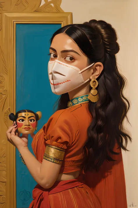 painting of a woman holding a mask and a mask in her hand, inspired by Gustave Boulanger, inspired by I Ketut Soki, art in the s...
