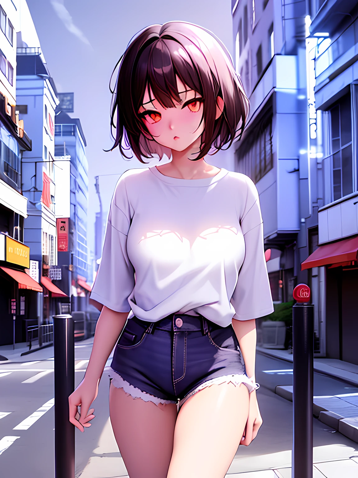 Anime-Mädchen in kurzen Shorts und einem weißen Hemd steht auf einer Stadtstraße, realistischer Anime-3D-Stil, Anime-Moe-Kunststil, Ilja Kuwschinow. 4 k, Verführerisches Anime-Mädchen, Anime-Stil. 8k, Sanfte Anime-CG-Kunst, auf einer Stadtstraße, [ 4 k digital art ]!!, saubere, detaillierte Anime-Kunst, Anime-Stil 4 k