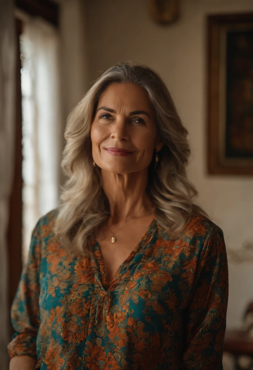 Uma mulher na casa dos 40 anos, bonita, cabelo curto bem arrumado