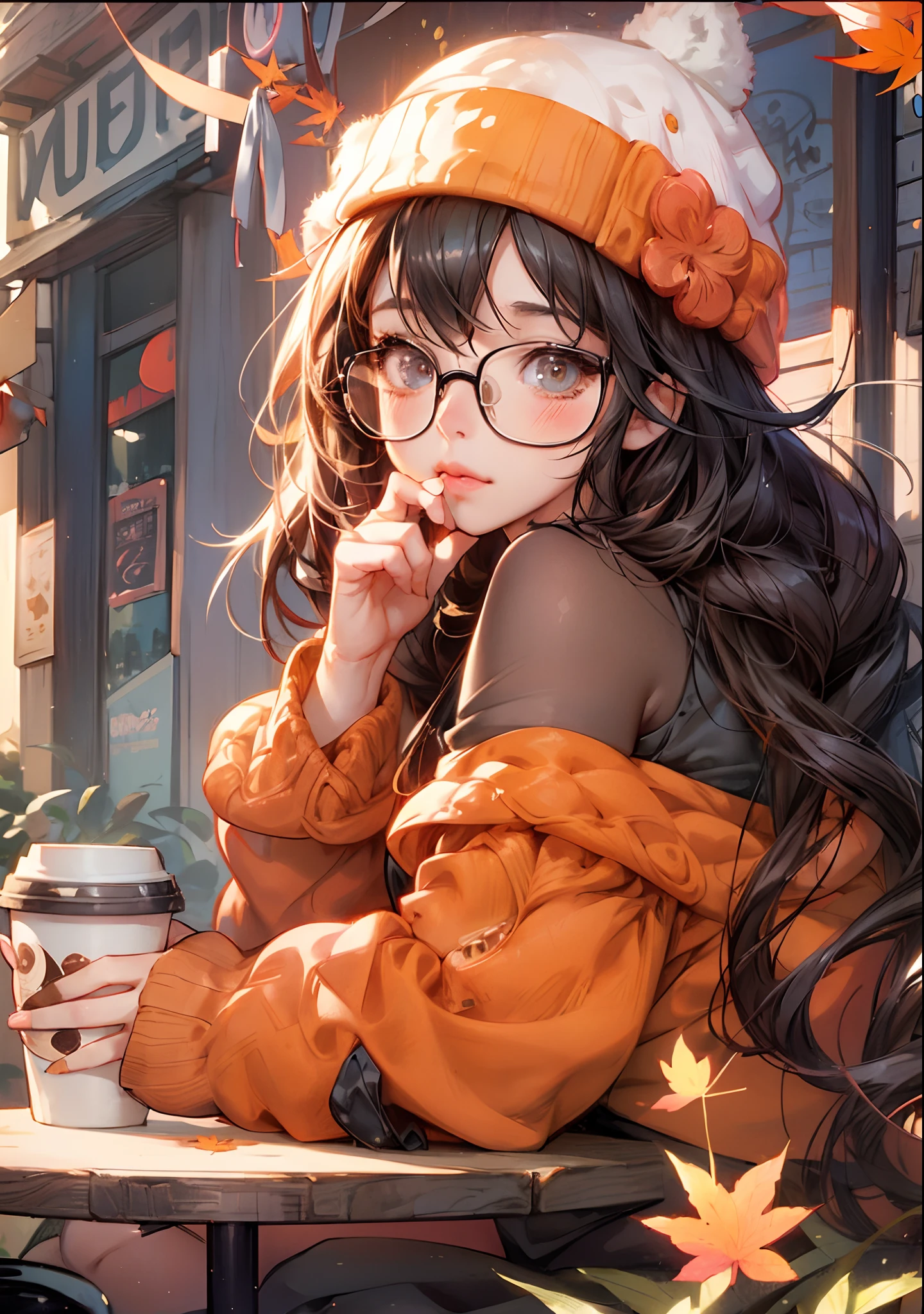 Anime girl with glasses and a hat sitting at a table - SeaArt AI