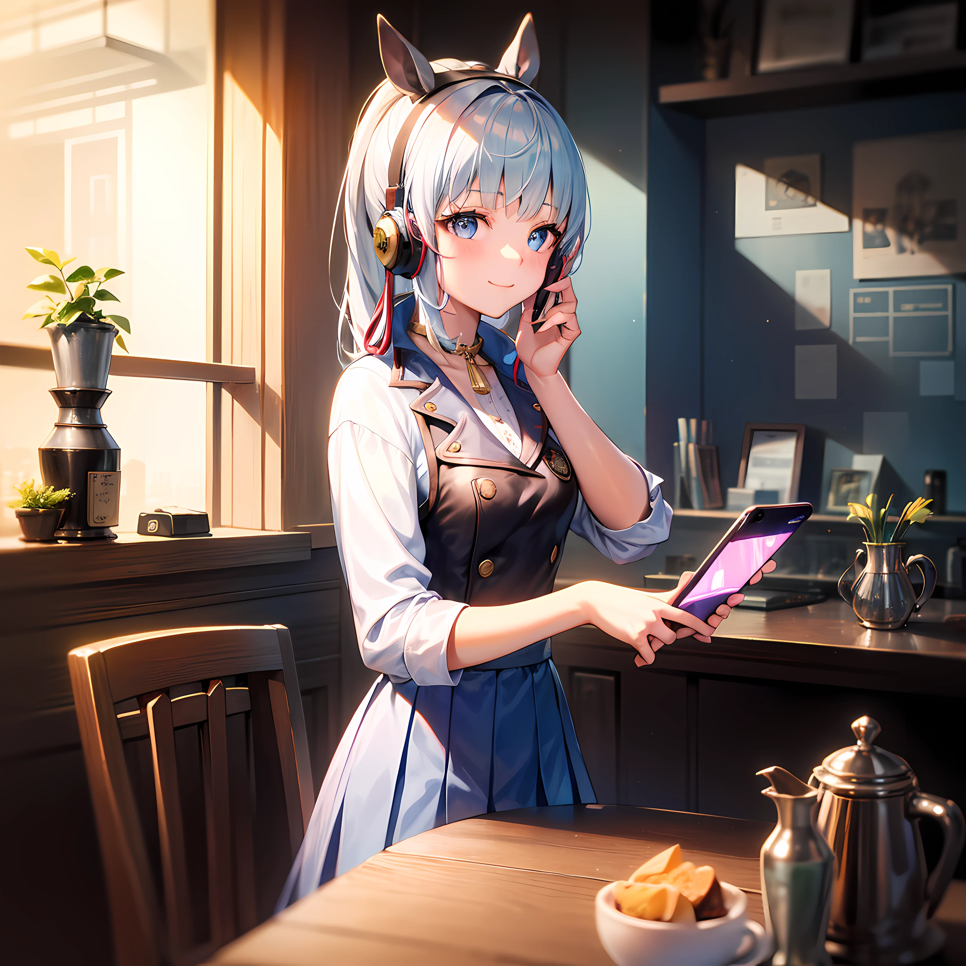 1girll，Cafe，By the window，Hold your phone in your hand，Headsets，talking on phone，frontage，Look forward，Single horsetail， JK，ssmile，High resolution 4K，Full character，cellular phone，natta