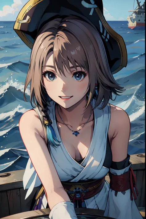 Final Fantasy、Yuna、in the ocean、On ship、Pirate attire、Pirate's big hat、glass eyes、smiling