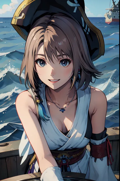 final fantasy、yuna、in the ocean、on ship、pirate attire、pirate's big hat、glass eyes、smiling