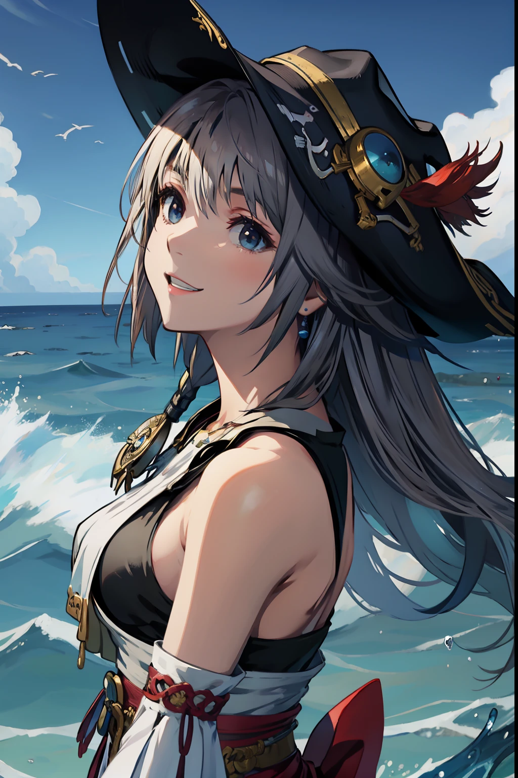 Final Fantasy、Yuna、in the ocean、On ship、Pirate attire、Pirate's big hat、glass eyes、smiling