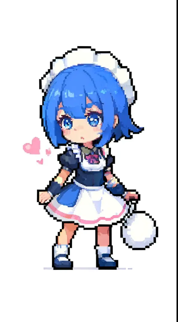 Cartoon character in maid hat and pink dress, Cute, ,White background,Cute、Blue hair bob hair、facing back