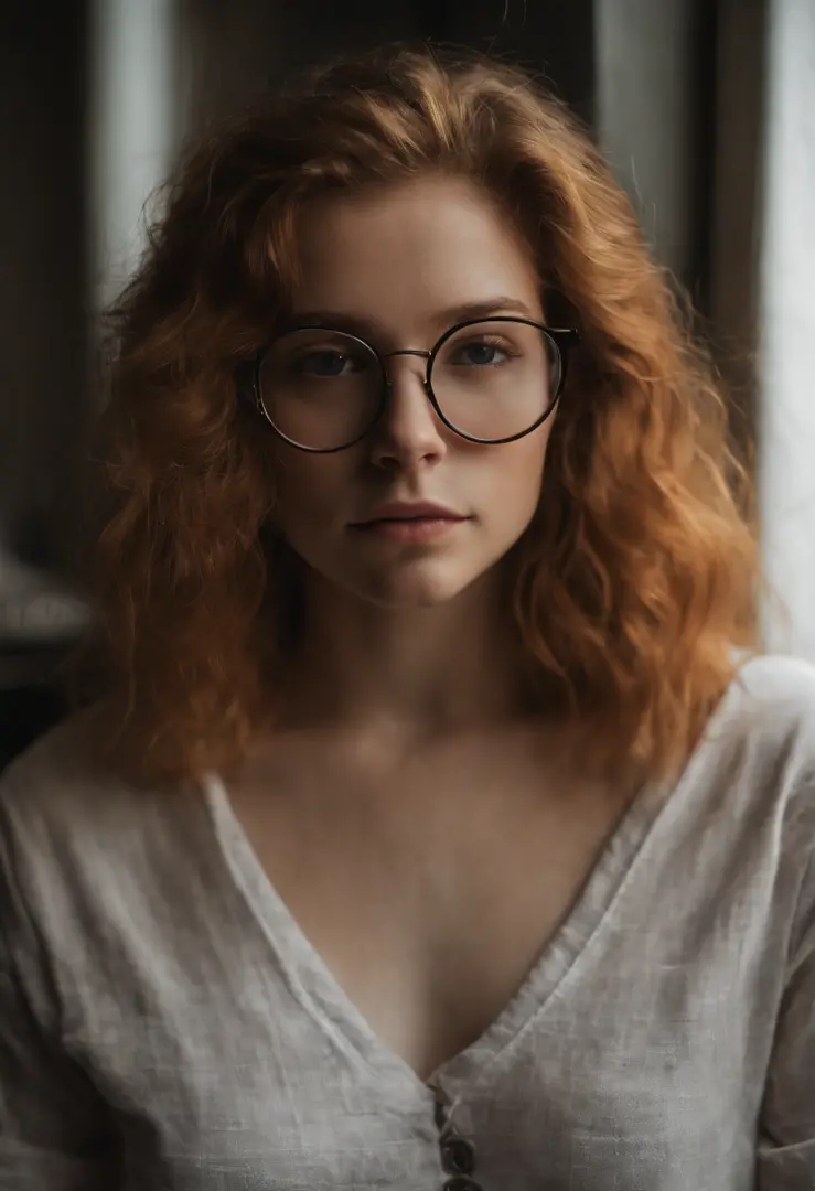 Super young teen white ginger girl with round glasses, wearing a oversized crop top shirt and tights, with shorts, messy ginger hair that is 10 feet length, and slightly large breasts, (small), (((exposed chest nsfw)))
