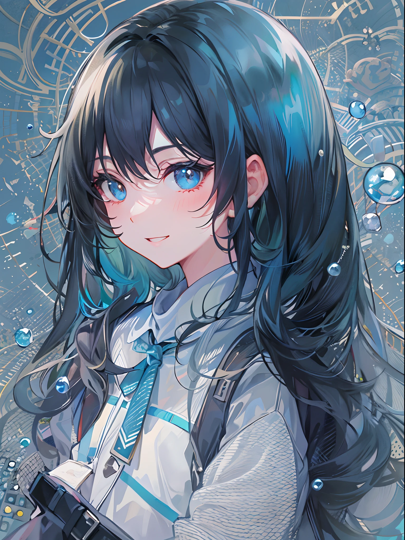 ((top-quality)), ((​masterpiece)), ((Ultra-detail)), (extremely delicate and beautiful), girl with, solo, cold attitude,((Black jacket)),She is very(relax)with  the(Settled down)Looks,A darK-haired, depth of fields,evil smile,Bubble, under the water, Air bubble,bright light blue eyes,Inner color with black hair and light blue tips,Cold background,Bob Hair - Linear Art, shortpants、knee high socks、White uniform like 、Light blue ribbon ties、Clothes are sheer、Hands in pockets、Ponytail hair