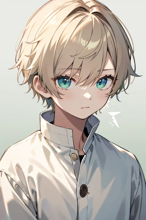1 boy、Beige hair color、shorth hair、the eyes are light green、White clothes