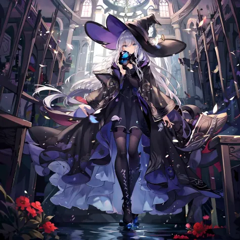 One was wearing a black dress，A woman in a black hat stands in the room, fashionable dark witch, gothic maiden anime girl, dark witch character, Anime fantasy illustration, Anime fantasy artwork, trending on artstation pixiv, astral witch clothes, classica...