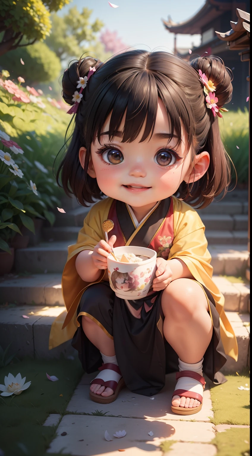 Anime girl eating a bowl of food on a stone path - SeaArt AI