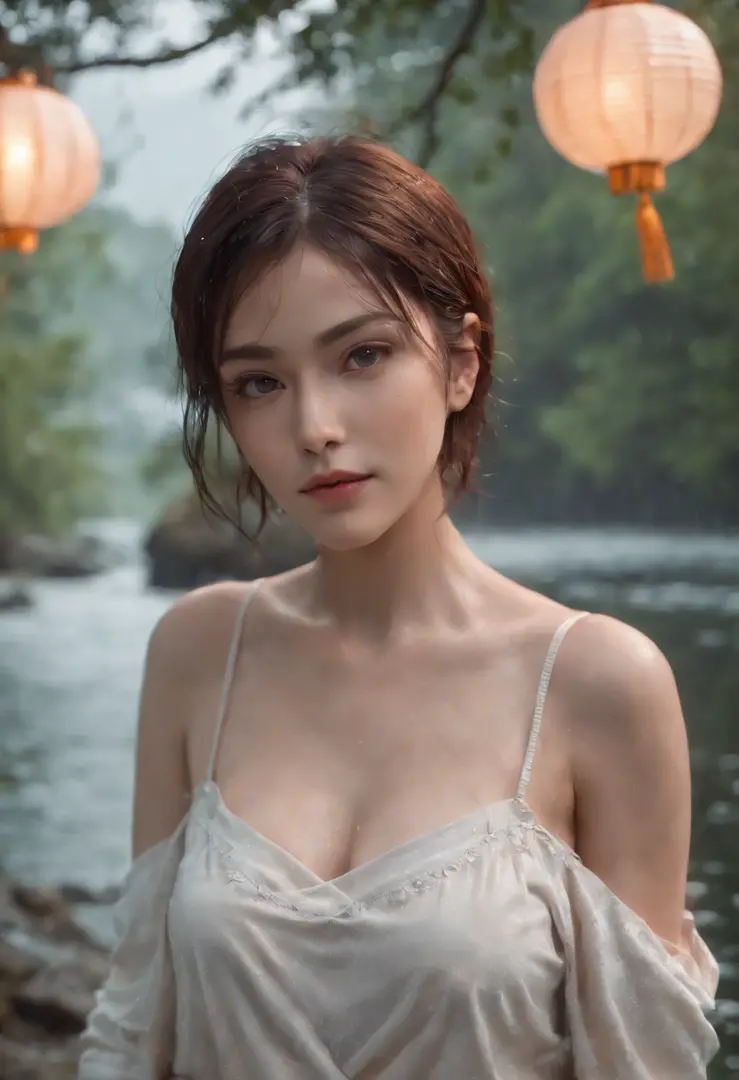 1girl, chesty, moon, lamp, nighttime, single, large boobs, Hair ornaments, wet, nude, Wade through the water., Hair flowers, floral, outdoor, sky, full big moon, rain, black hairr, off shoulders, mountain, clouds, holding, bare shoulder, Paper lanterns, st...