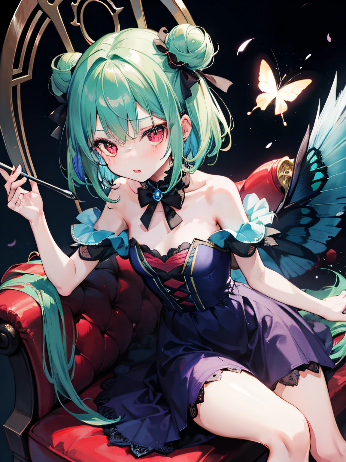 {Moist feather(hololive)}, 1girl, short hair, double bun, {emeraldgreen hair}, {{Red eyes}}、​masterpiece、top-quality、flat chest, 小柄、{hatred}、irate、{Deadly}、demon king、{full bodyesbian}、a throne、Aura of Darkness、Dark blue dress、demon realm、Blue winged butterfly、watching at viewers、