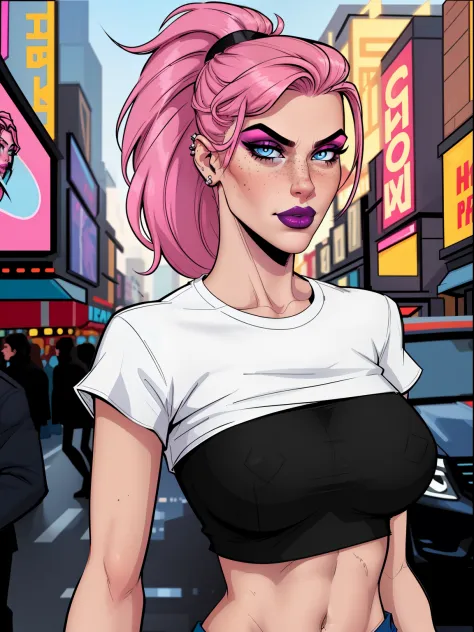 Close up of an adult supermodel woman face, at a busy cluttered (crowded city street) background, detailed background, daytime, pale blue eyes, detailed short burnt pink hair with ponytail, shaved sides haircut, freckles, blushing, (smouldering pouting exp...
