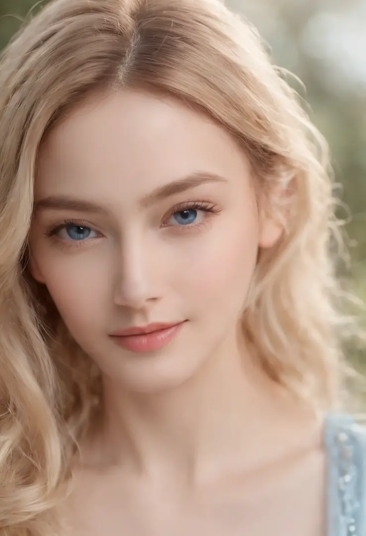 Ultra photo realsisim，Light blue thin long dress，poster for，Hyper-realistic，Hyper Real，Gaze at an 18-year-old girl in the distance，Blonde hair，Sapphire eyes，Delicate facial features1.3，Delicate fingers，The eyes are hopeful，ssmile，（Sunshine 1.5）Super light ...