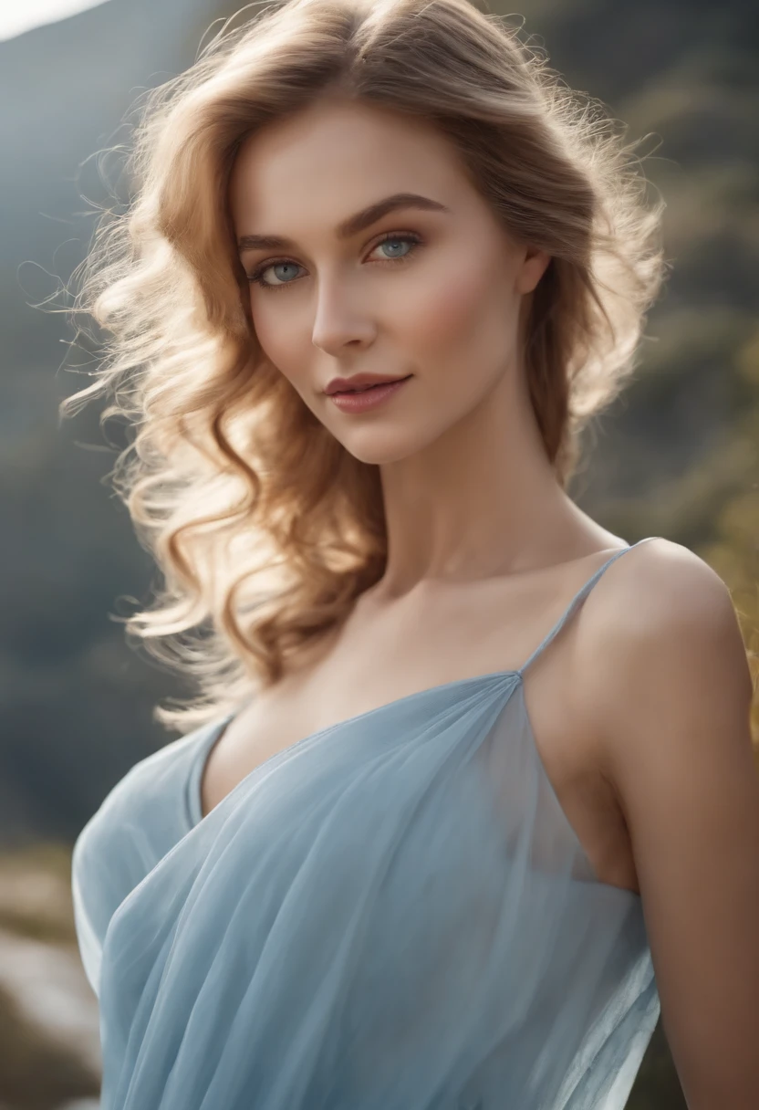 Ultra photo realsisim，Light blue thin long dress，poster for，Hyper-realistic，Hyper Real，Gaze at an 18-year-old girl in the distance，cabellos largos dorados，Sapphire eyes，Delicate facial features1.3，Delicate fingers，Eyes full of hope，ssmile，（Sunshine 1.5）Super light and shadow，Aurora chase，（Delicate skin1.5），Photorealistic photos，closeup cleavage，（Upper body close-up 1.3）（Light blue flower sea background）（Gentle lighting）（Side face 45 degree angle 1.5）