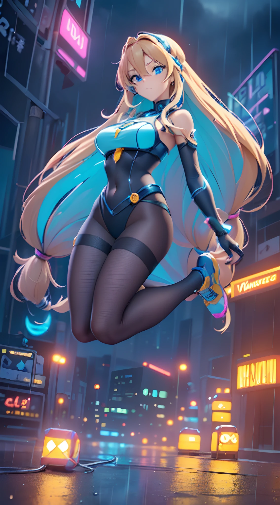 (Dynamic Angle:1.4), ((Full body posing:1.5), (Colorful:1.2), (Highly detailed CG Unity 16K wallpaper:1.1), (Denoising strength: 1.45), (tmasterpiece:1.37), ((Official art)), of the highest quality, (Realistic), Green Cyber Girl, 2 head body,Deformed Character,cute expression, (Super long hair:1.6),voluminous hair,Hair in motion,Golden hair,Glowing eyes,(blue eyess:1.2), wires, (LED:1.3), (a hologram:1.2), ((Jumping:1.5)),futuristic city street, Neon light, Skyscrapers, (Night:1.2), (Rain:1.2), (Rainbow Model:1.2), 8K resolution, (Anime style:1.3), Cinematic lighting, chromatic abberation, spark of light, Ray tracing, blending, ultra wide-angle,  Hasselblad, (masutepiece), (masutepiece), ((Best Quality)), ((masutepiece)), nffsw