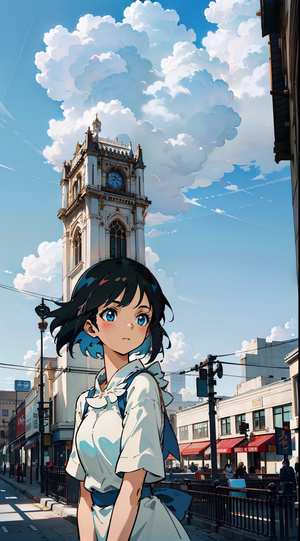 The girl wears a white shirt on her upper body，Short black hair，Realistic lighting，with blue sky and white clouds，clear skies，beauitful face，Delicate makeup，8K，Ultra-clear，High-quality graphics，infinite details，style of anime，A gentle breeze，the street，looks into camera，frontage