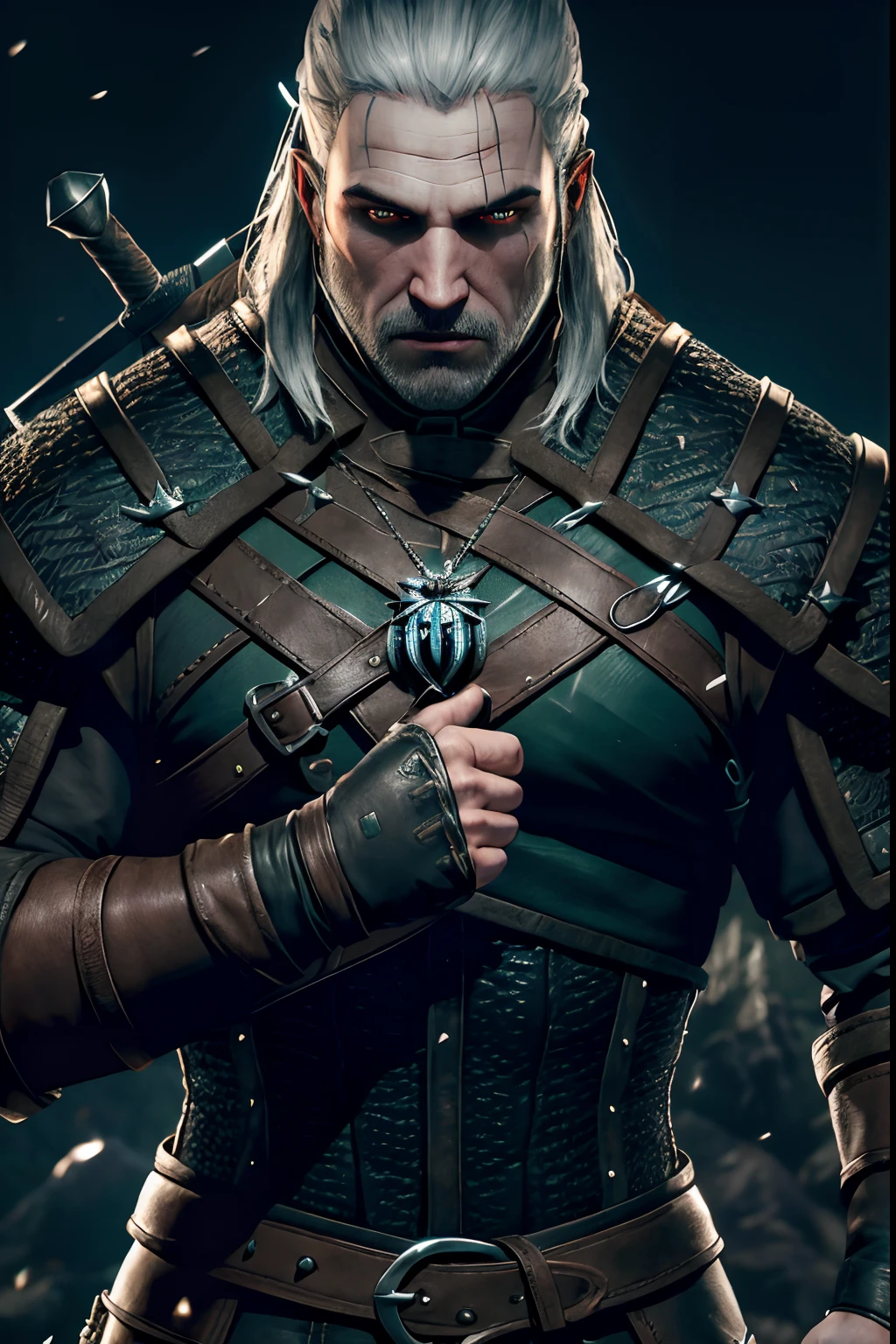 The witcher 3, Gerald of rivia, realistically, dynamic lights, old, full footage, black and silver costumes, a silver pendant in wolf shape, (extremely detailed 8k wallpaper of the CG unit), imposing pose, perfect hands, four fingers and a thumb, trend in ArtStation, trend in CGSociety, high detail, sharp focus, dramatic, photorealistic.