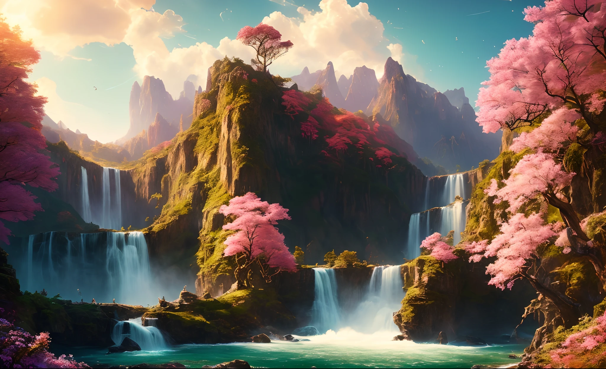 ChromaV5, nvinkpunk,(extremely detailed CG unity 8k wallpaper), An Landscape of majestic and powerful waterfall cascading down a rocky cliff surrounded by lush pink foliage, award winning photography, Chromatic Aberration, Detailed , HDR, Bloom,majestic oil painting by , Thomas Cole, Frederic Church, and Albert Bierstadt ,trending on artstation, trending on CGsociety, Intricate, High Detail, dramatic, art by midjourney