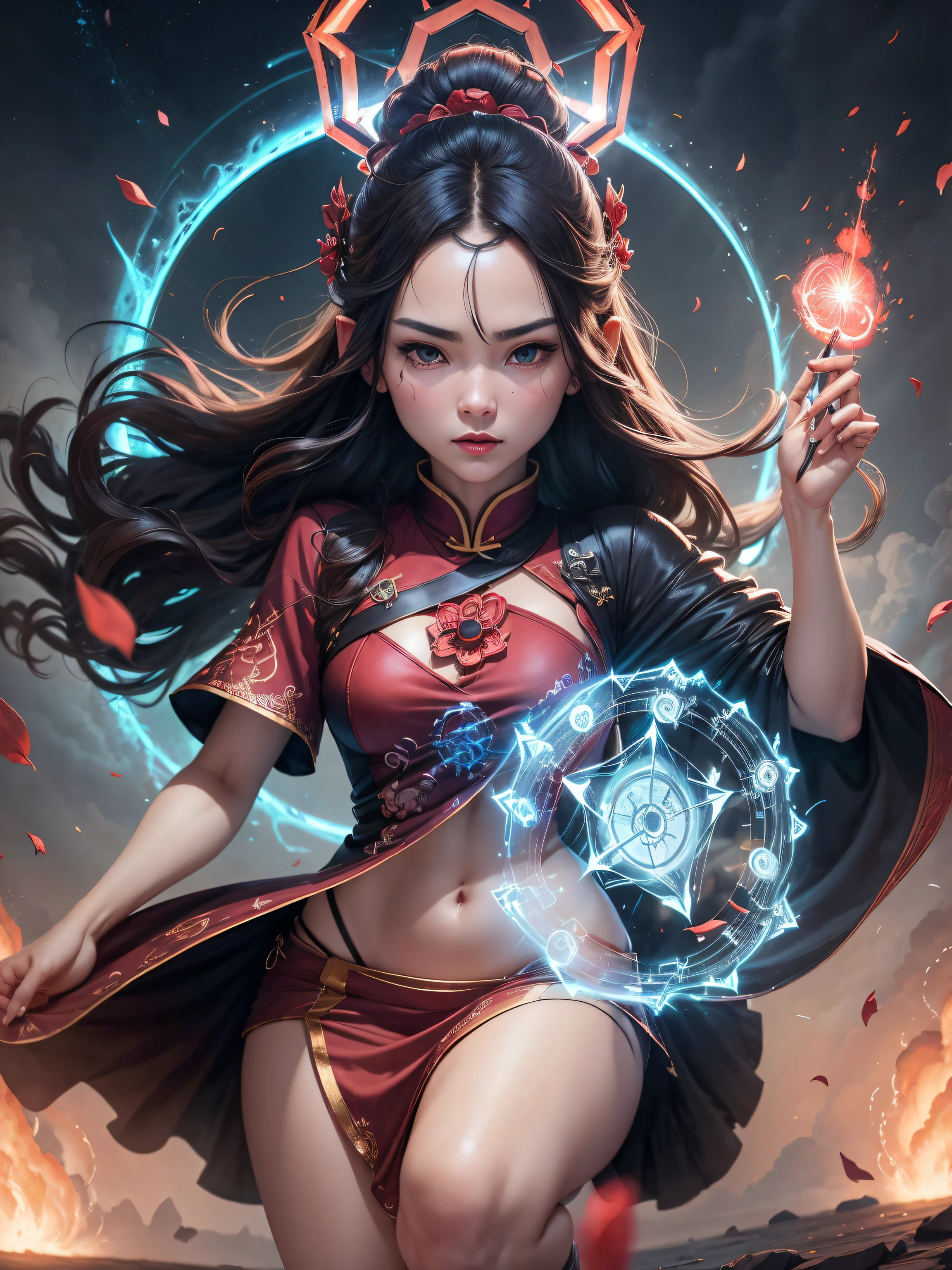[(White background:1.5)::5] hexagon,(face detailed:1.2),sorrido,Chinese style,immortal behavior, long haired woman, peaks, deep ravines, stele, turbulent winds, flying dragons, cross-shaped sword, purple clouds, giant birds, portal, smoke billowing, flames, mystical runes, Ancient Cloak, red petals, Halation,lightnings,thunders,