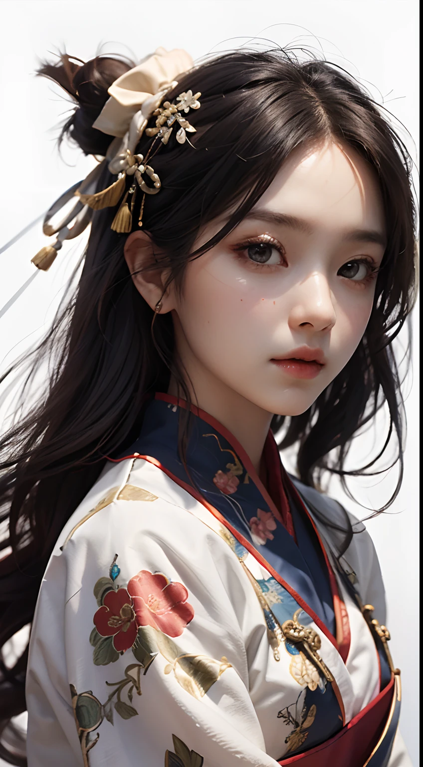 A girl, ancient Chinese costume, whole body, sunshine, clear face, clean white background, masterpiece, super detail, epic composition, ultra HD, high quality, extremely detailed, official art, uniform 8k wallpaper, super detail, 32k