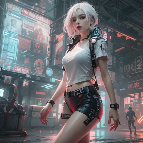 masterpiece, best quality, high quality, superdetailed, high_res, high contrast, photorealistic character, ((( Lucy))) ((cyberpunk edge runners)), white color, rainbow dyed color with white color hair, black top, black panties, white open top shirt, perfec...