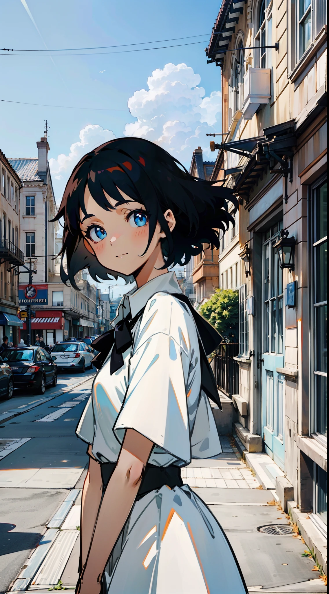 The girl wears a white shirt on her upper body，with short black hair，Realistic lighting，with blue sky and white clouds，beauitful face，Delicate makeup，8K，Ultra-clear，High-quality graphics，infinite details，style of anime，A gentle breeze，the street，looks into camera，frontage，ssmile，adolable，Black tie，illustration