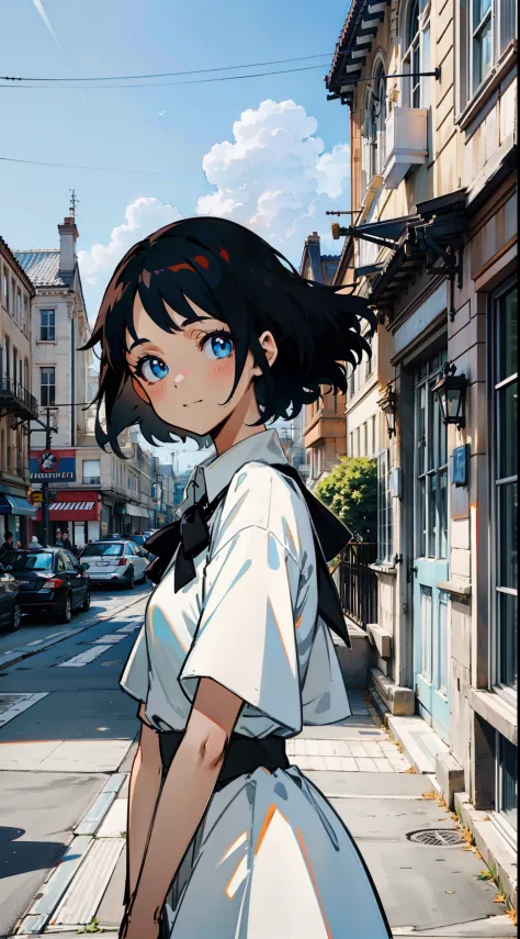 The girl wears a white shirt on her upper body，with short black hair，Realistic lighting，with blue sky and white clouds，beauitful...