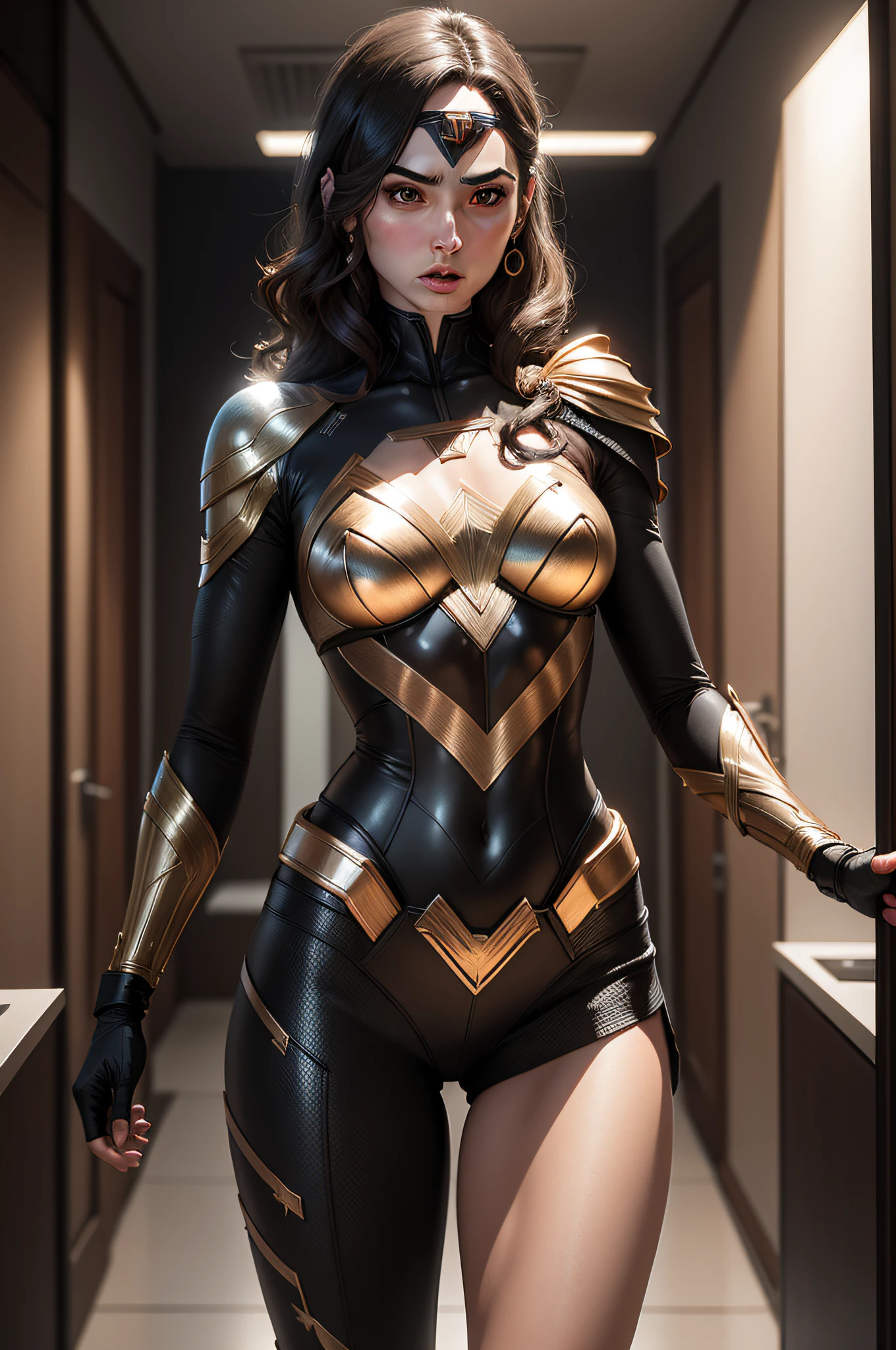 Una mujer en forma con atuendo corporal, Realista, circunstanciado, hiper-realista, Poner, 1 chica, alto detalle, 8k, camello, , , mujer Maravilla, Gal Gadot