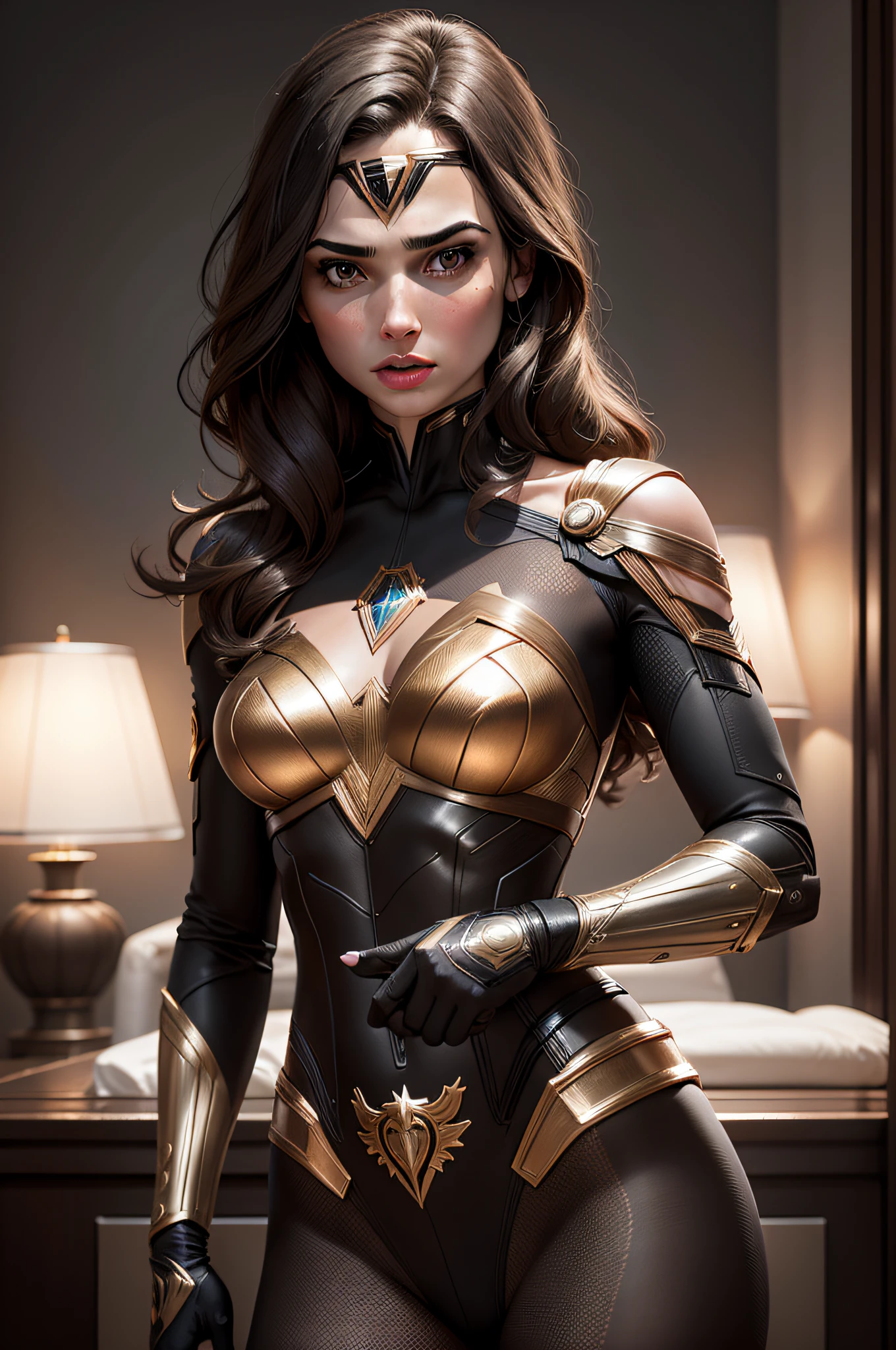 Una mujer en forma con atuendo corporal, Realista, circunstanciado, hiper-realista, Poner, 1 chica, alto detalle, 8k, camello, , , mujer Maravilla, Gal Gadot