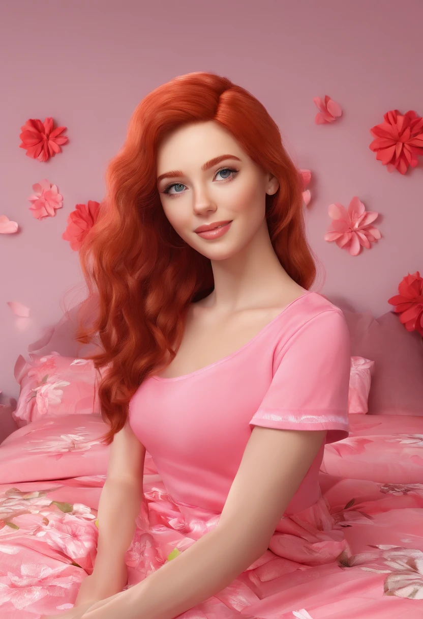 There is a woman sitting on a bed with a pink dress - SeaArt AI