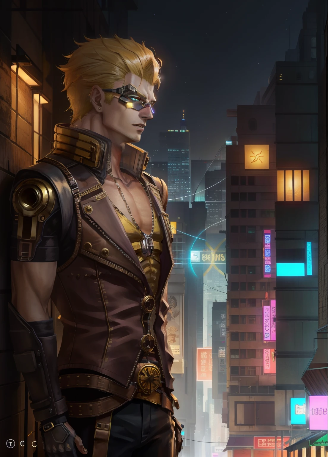 photo of grno, 1boy, night, city, wearing a tank top, steampunk setting，Cyberpunk Concept