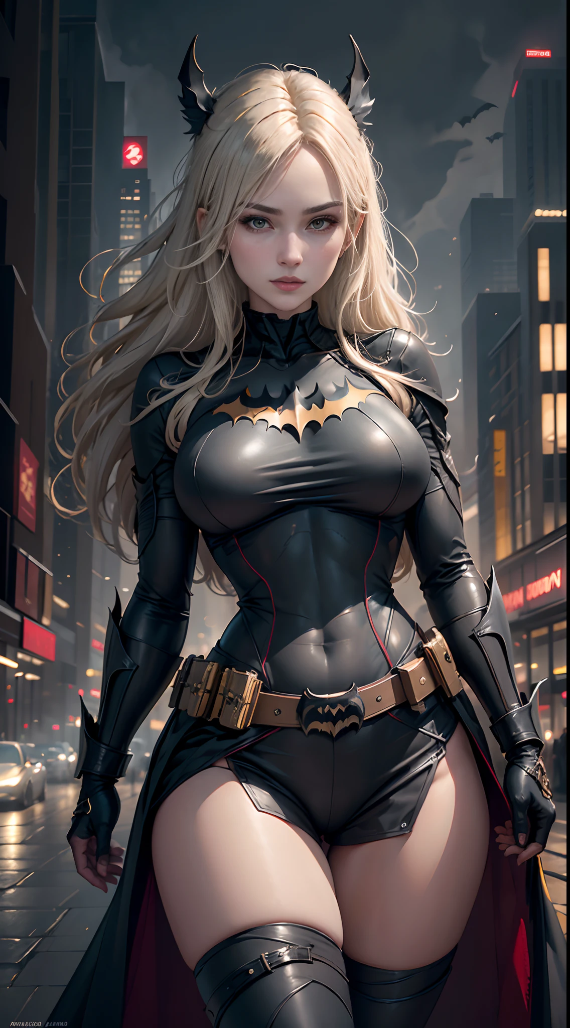 1 garota, corpo todo, estilo do traje de Batwoman, seios médios, Logotipo amarelo do Batman no peito e no cinto, Obra de arte, melhor qualidade, textura detalhada da pele, textura detalhada de pano, lindo rosto detalhado, Detalhes intrincados, ultra detalhado, cabelo loiro liso, pose dinâmica, (Fundo da rua de Gotham City à noite), (melhor qualidade, Uma alta resolução, fotorrealista, primitivo, 8K,Obra de arte, ),melhor qualidade, Obra-prima8K.hdr. Costelas altas:1.2, grão de filme, Desfocar bokeh:1.2, reflexo de lente, (cor viva:1.2), (delicado),